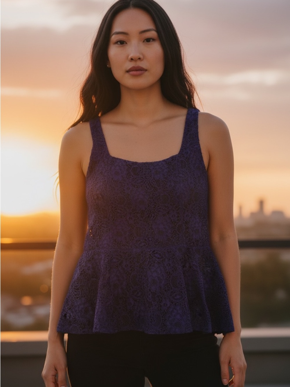 Armani Exchange Lace Peplum Camisole in Dark Purple